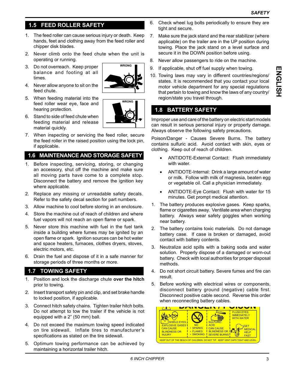 5 feed roller safety, 6 maintenance and storage safety, 7 towing safety | 8 battery safety, Danger / poison, English | Echo 76624 Owners Manual v.4 User Manual | Page 7 / 38