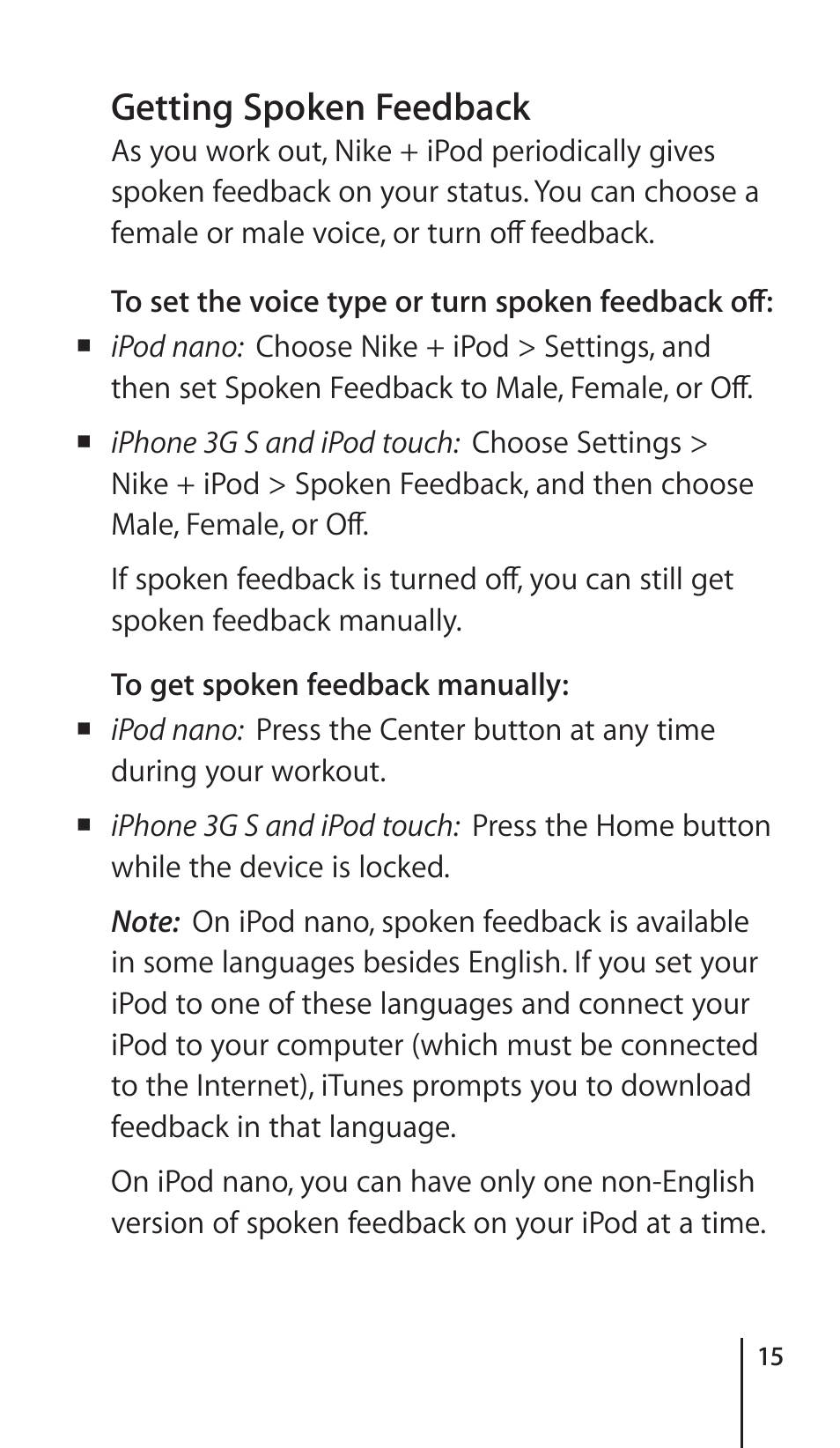 Getting spoken feedback | Apple Nike + iPod Sensor User Manual | Page 15 / 36