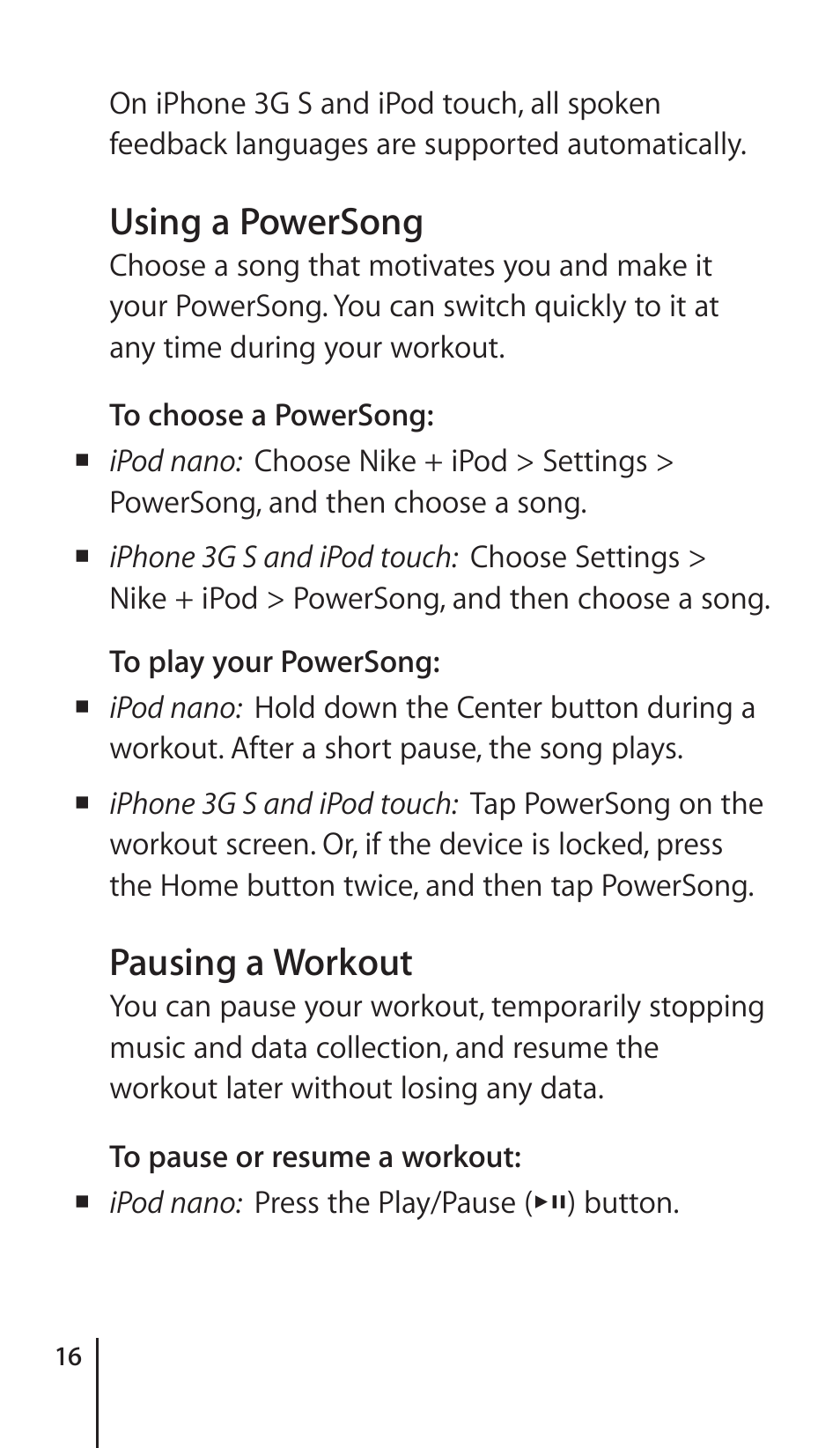 Using a powersong, Pausing a workout | Apple Nike + iPod Sensor User Manual | Page 16 / 36