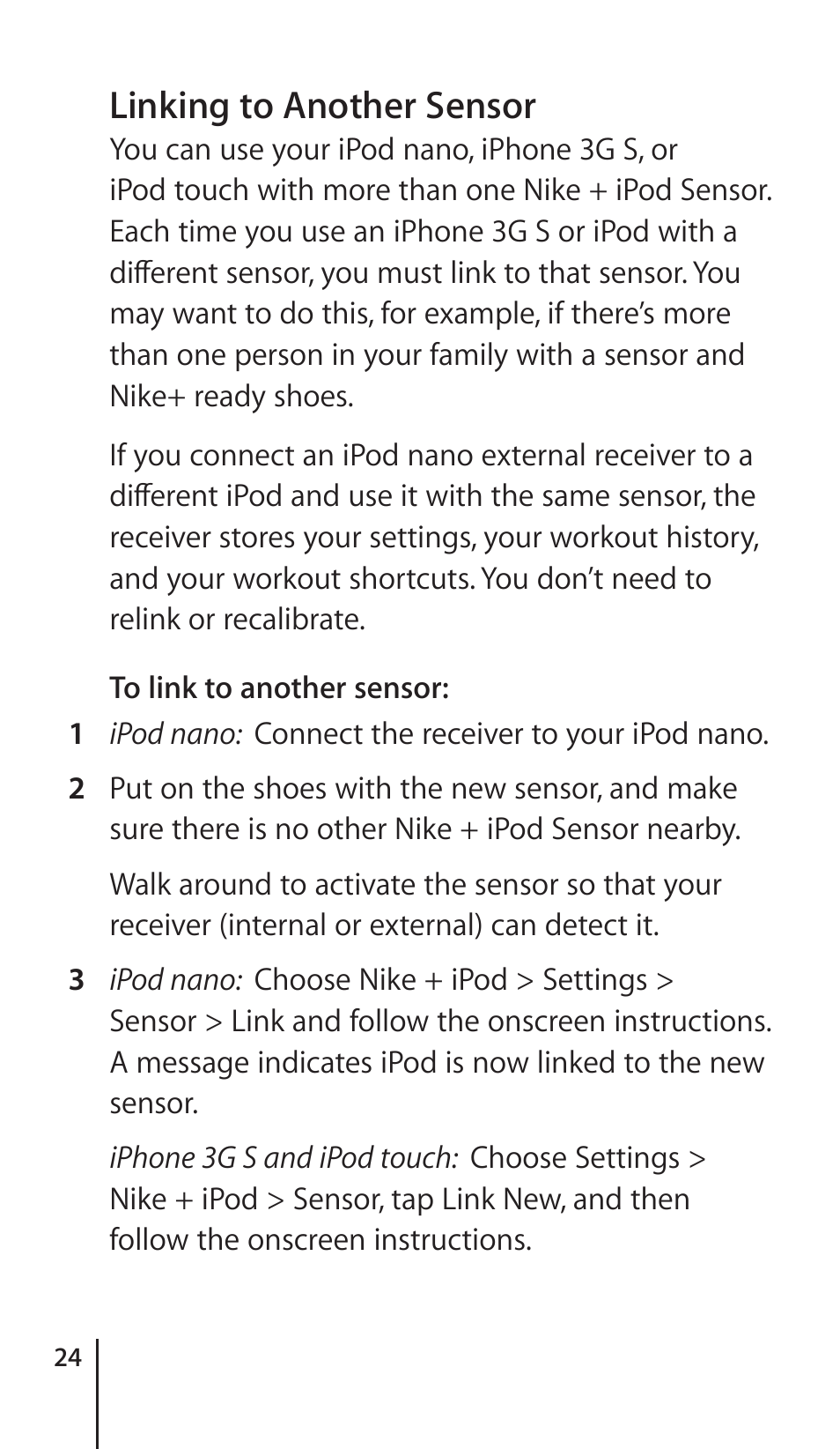 Linking to another sensor | Apple Nike + iPod Sensor User Manual | Page 24 / 36