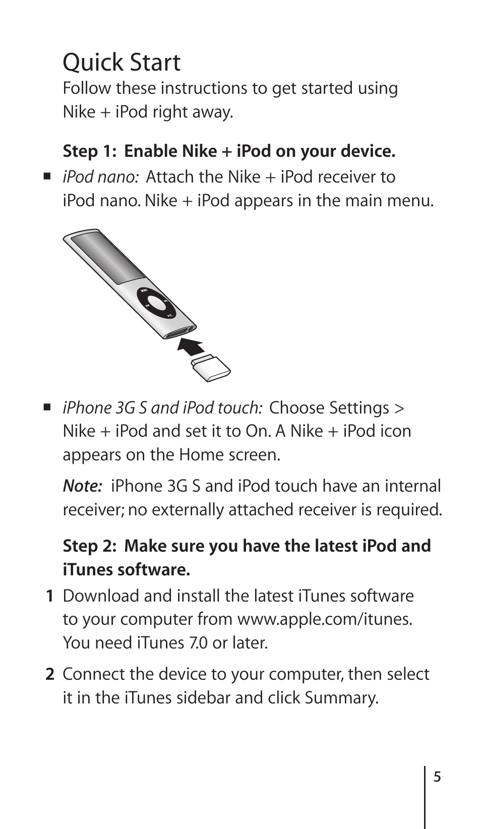 Quick start | Apple Nike + iPod Sensor User Manual | Page 5 / 36