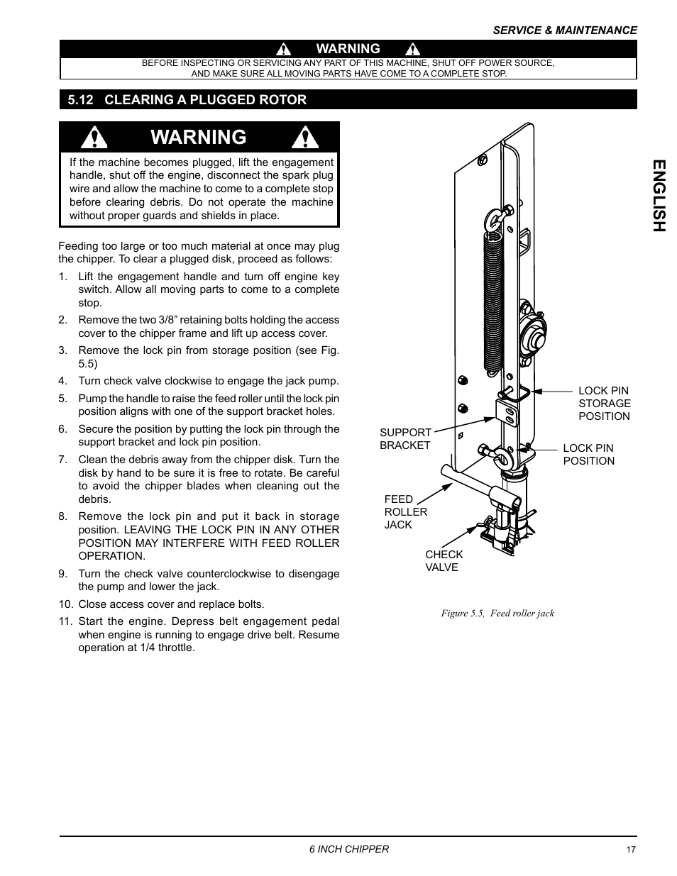 12 clearing a plugged rotor, Warning, Englis h | Echo CH6614 Owners Manual v.4 User Manual | Page 21 / 24