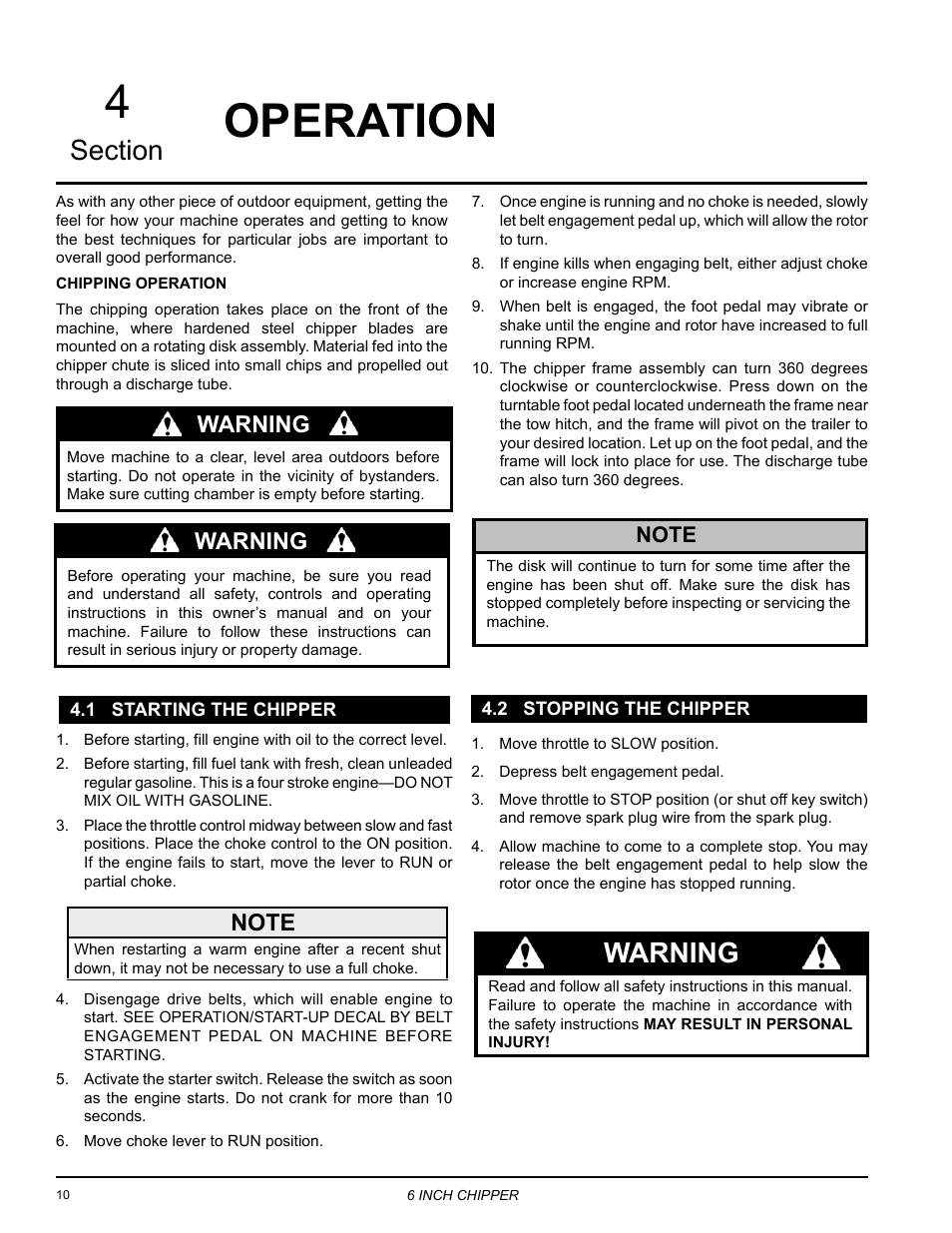 Operation, 1 starting the chipper 4.2 stopping the chipper, Operation 4 | Warning | Echo CH6614 Owners Manual v.3 User Manual | Page 14 / 24