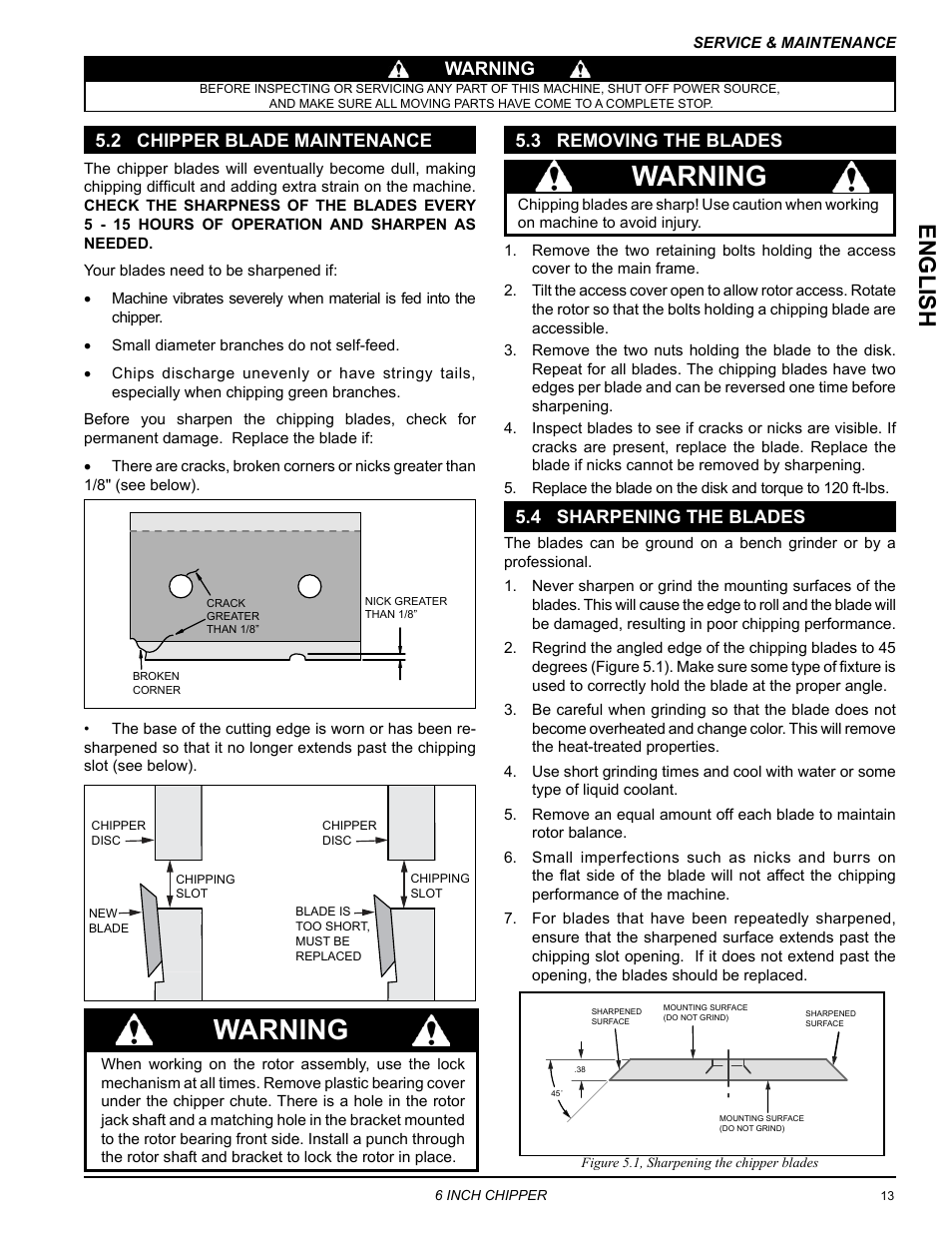 Warning, Englis h, Warning 5.2 chipper blade maintenance | 3 removing the blades, 4 sharpening the blades | Echo CH6614 Owners Manual v.3 User Manual | Page 17 / 24