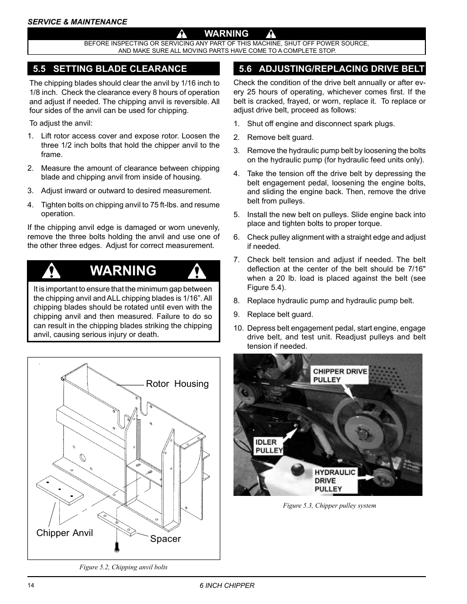 Warning, Rotor housing chipper anvil spacer | Echo CH6614 Owners Manual v.3 User Manual | Page 18 / 24