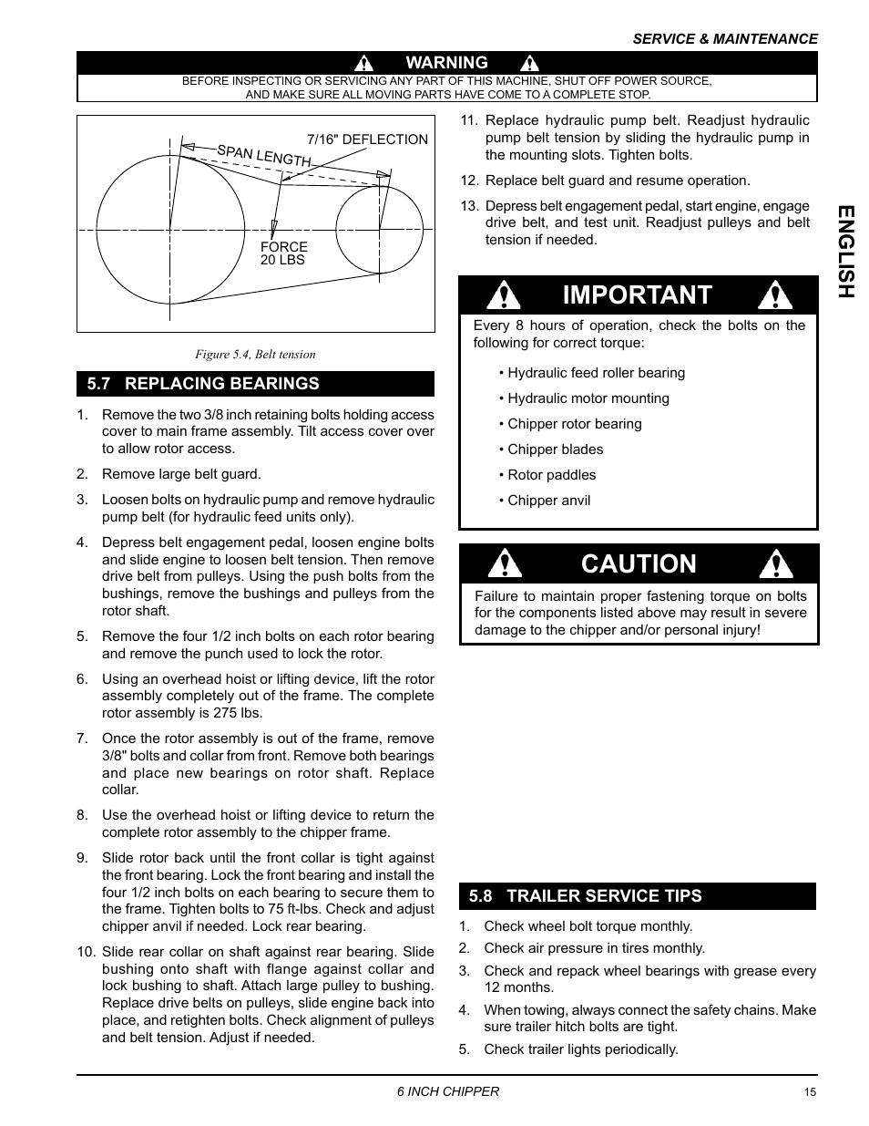 7 replacing bearings 5.8 trailer service tips, Important, Caution | Englis h | Echo CH6614 Owners Manual v.3 User Manual | Page 19 / 24