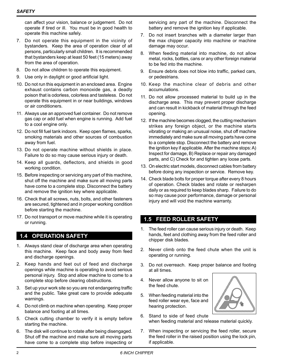 4 operation safety 1.5 feed roller safety | Echo CH6614 Owners Manual v.3 User Manual | Page 6 / 24