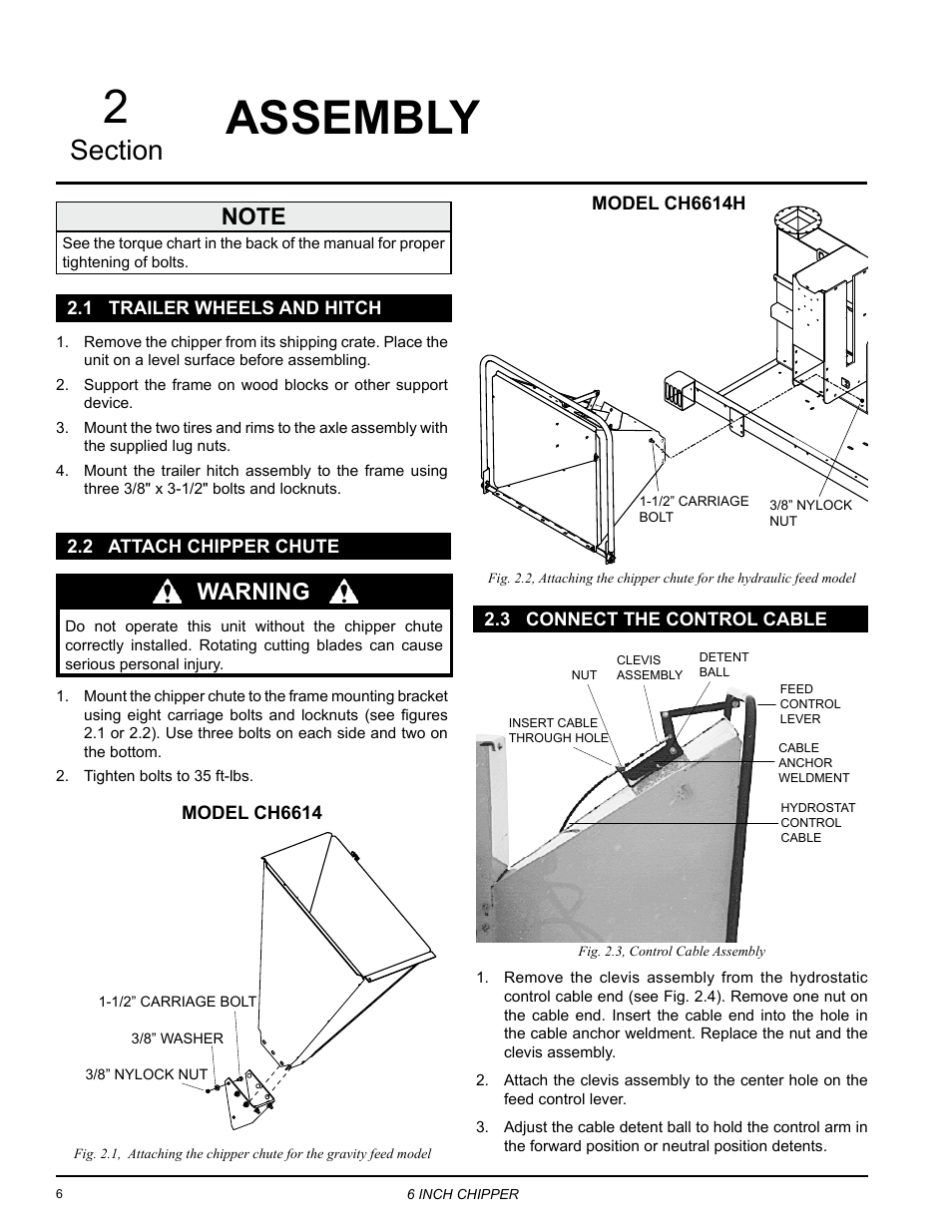 2 attach chipper chute, 1 trailer wheels and hitch, 3 connect the control cable | Assembly, Warning | Echo 72620 User Manual | Page 10 / 28