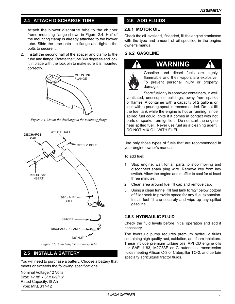 6 add fluids, 5 install a battery, 4 attach discharge tube | Warning | Echo 72620 User Manual | Page 11 / 28