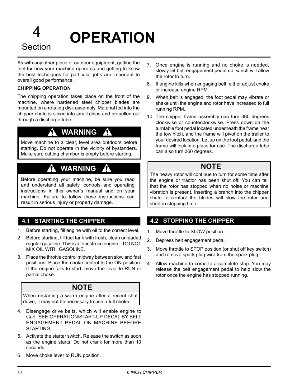 1 starting the chipper, 2 stopping the chipper, Operation | 1 starting the chipper 4.2 stopping the chipper, Operation 4, Warning | Echo 72620 User Manual | Page 14 / 28