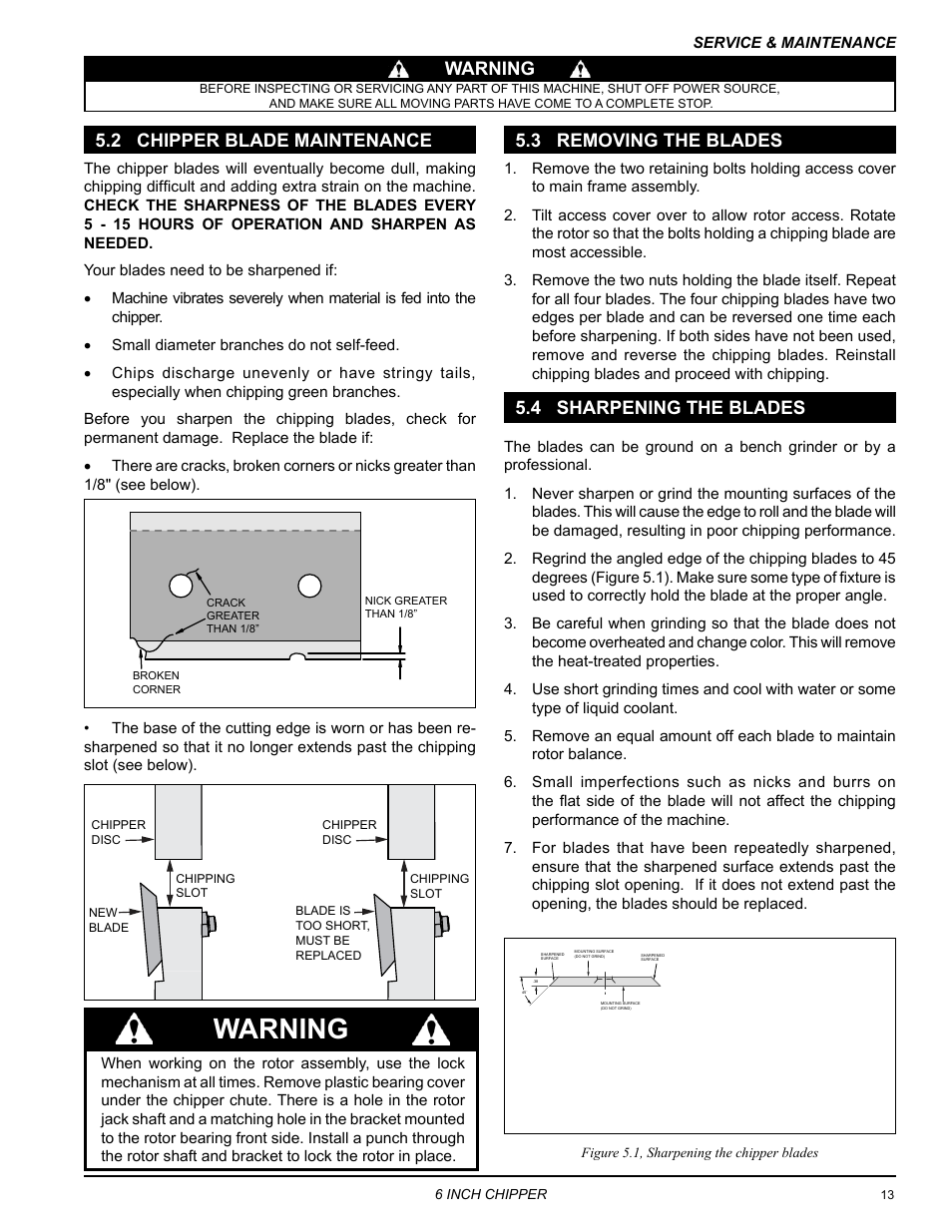 4 sharpening the blades, 3 removing the blades, 2 chipper blade maintenance | Warning, Warning 5.2 chipper blade maintenance | Echo 72620 User Manual | Page 17 / 28