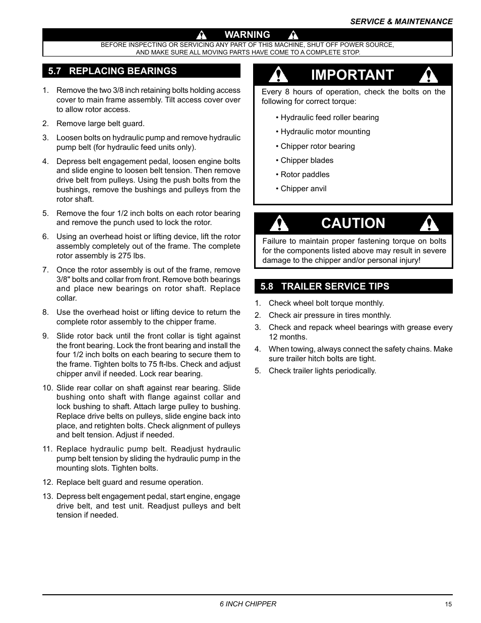 8 trailer service tips, 7 replacing bearings, 7 replacing bearings 5.8 trailer service tips | Important, Caution | Echo 72620 User Manual | Page 19 / 28