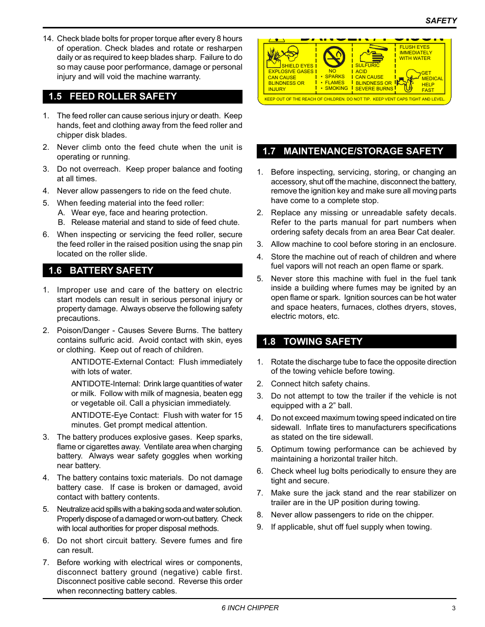 8 towing safety, 7 maintenance/storage safety, 6 battery safety | 5 feed roller safety, Danger / poison | Echo 72620 User Manual | Page 7 / 28