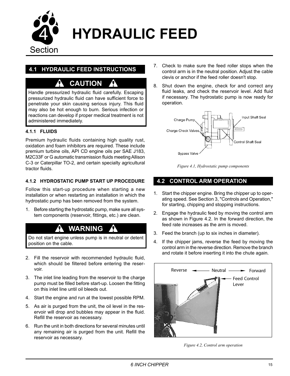 Hydraulic feed, Warning, Caution | Echo CH6614 Owners Manual v.1 User Manual | Page 17 / 32