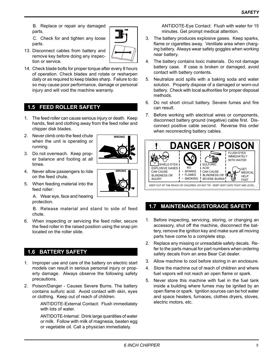 Danger / poison, 5 feed roller safety, 6 battery safety | 7 maintenance/storage safety | Echo CH6614 Owners Manual v.1 User Manual | Page 7 / 32
