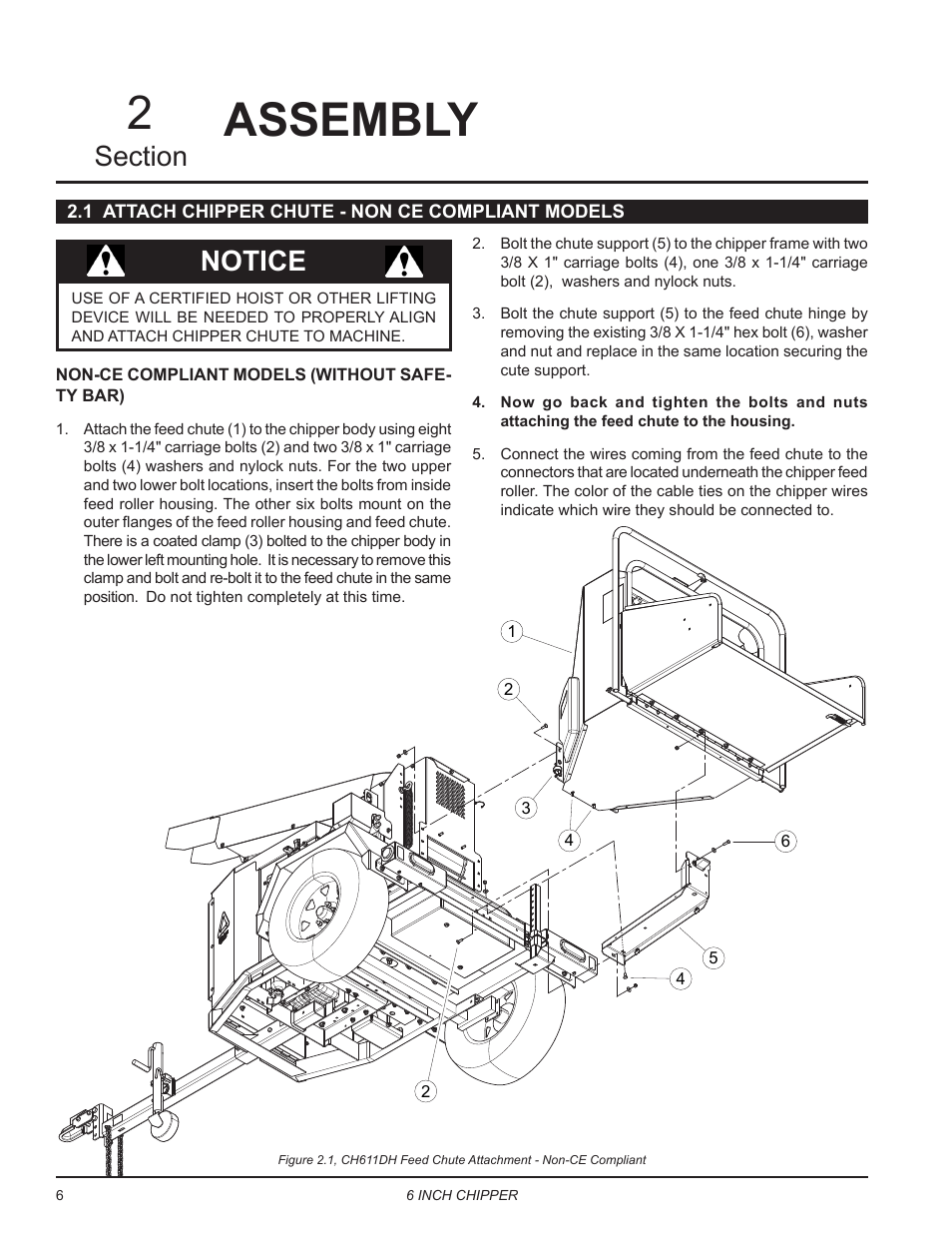Assembly, 1 attach chipper chute - non ce compliant models, Notice | Echo CH611DH Owners Manual v.6 User Manual | Page 10 / 37