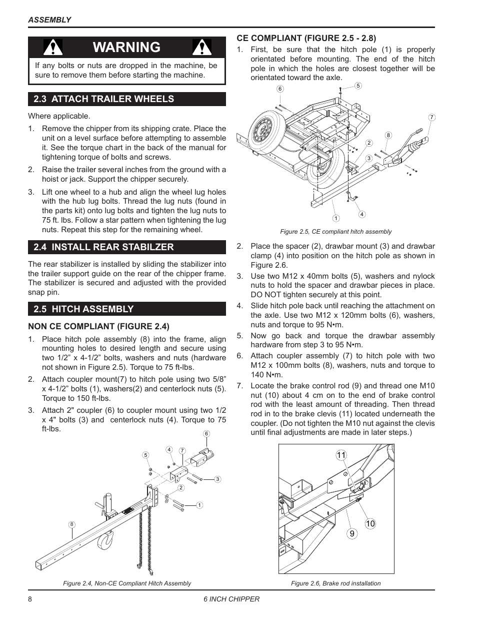 3 attach trailer wheels, 4 install rear stabilzer, 5 hitch assembly | Warning, 3 attach trailer wheels 2.5 hitch assembly | Echo CH611DH Owners Manual v.6 User Manual | Page 12 / 37