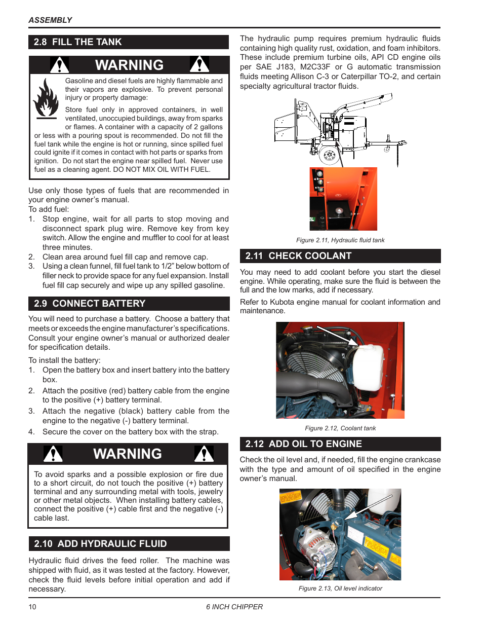 9 connect battery, 10 add hydraulic fluid, 11 check coolant | 12 add oil to engine, Warning | Echo CH611DH Owners Manual v.6 User Manual | Page 14 / 37