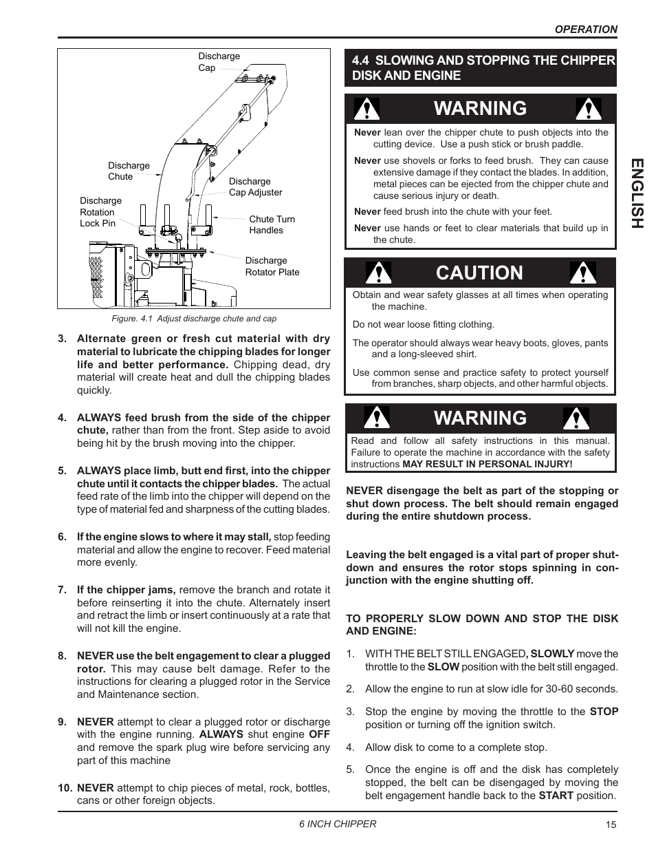4 operating the chipper, Warning, Caution | English | Echo CH611DH Owners Manual v.6 User Manual | Page 19 / 37