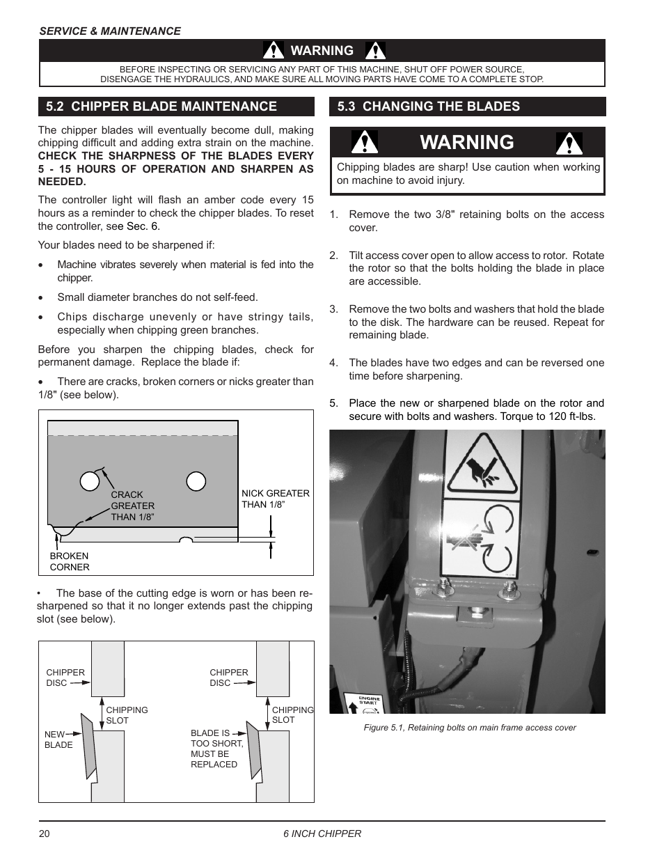 2 chipper blade maintenance, 3 changing the blades, Warning | Warning 5.2 chipper blade maintenance | Echo CH611DH Owners Manual v.6 User Manual | Page 24 / 37