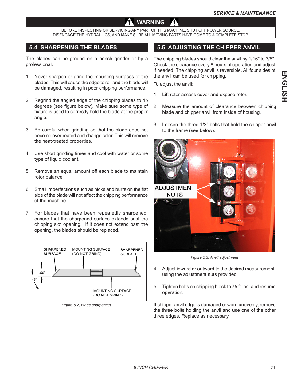 4 sharpening the blades, 5 adjusting the chipper anvil, English | Warning | Echo CH611DH Owners Manual v.6 User Manual | Page 25 / 37