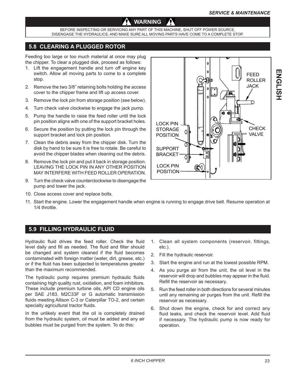 8 clearing a plugged rotor, 9 filling hydraulic fluid, English | Echo CH611DH Owners Manual v.6 User Manual | Page 27 / 37