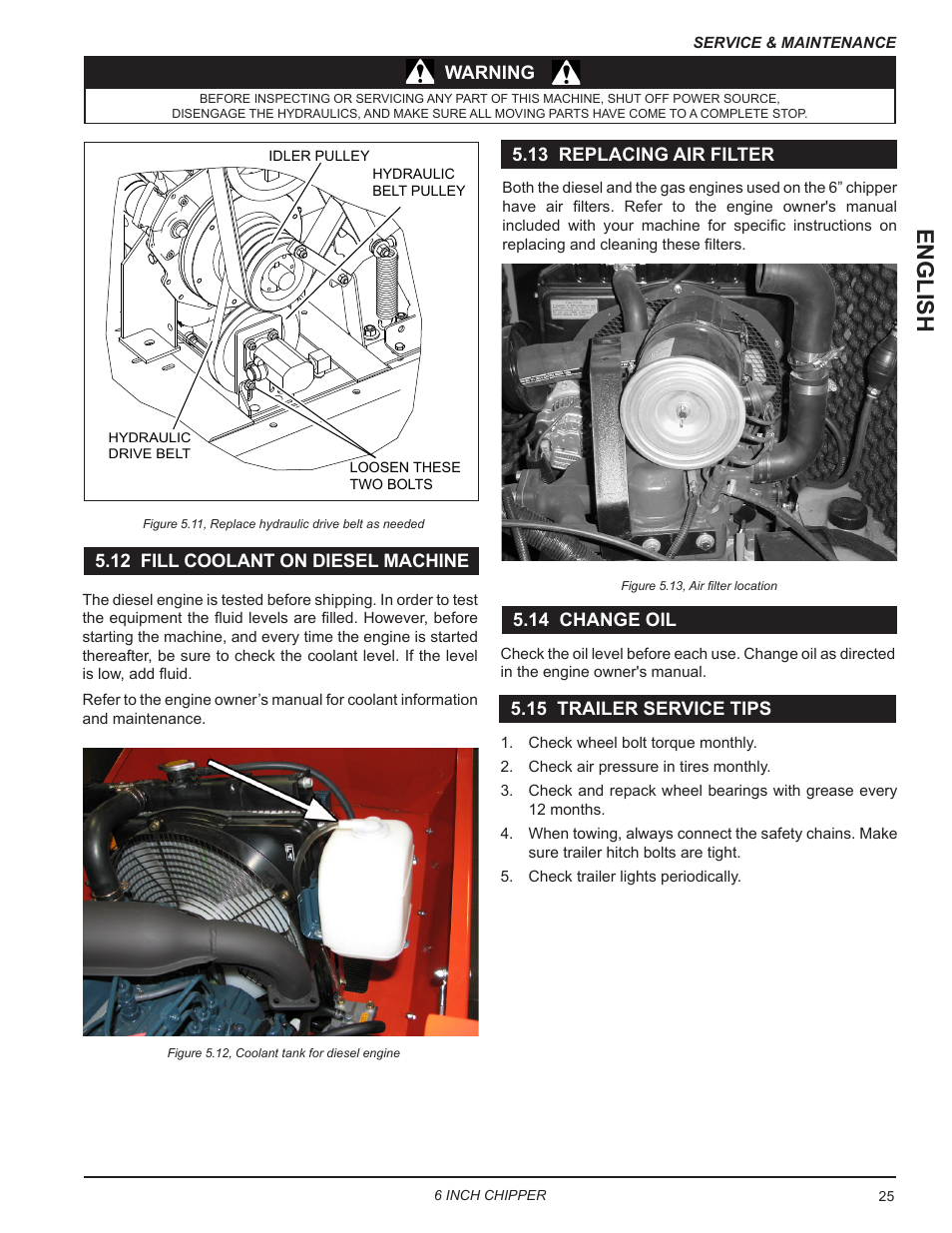 11 replacing hydraulic drive belt, 12 fill coolant on diesel machine, English | Echo CH611DH Owners Manual v.6 User Manual | Page 29 / 37