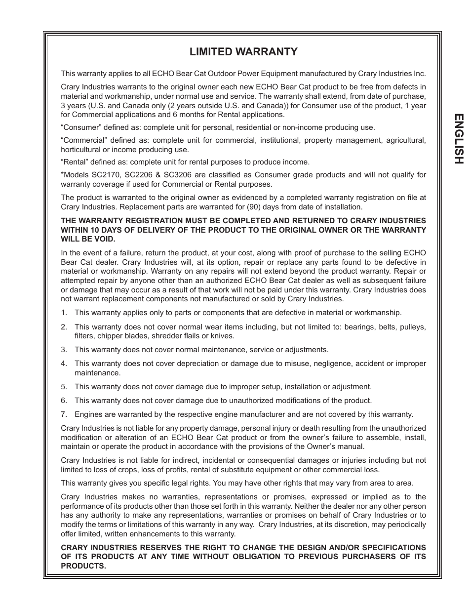English, Limited warranty | Echo CH611DH Owners Manual v.6 User Manual | Page 3 / 37