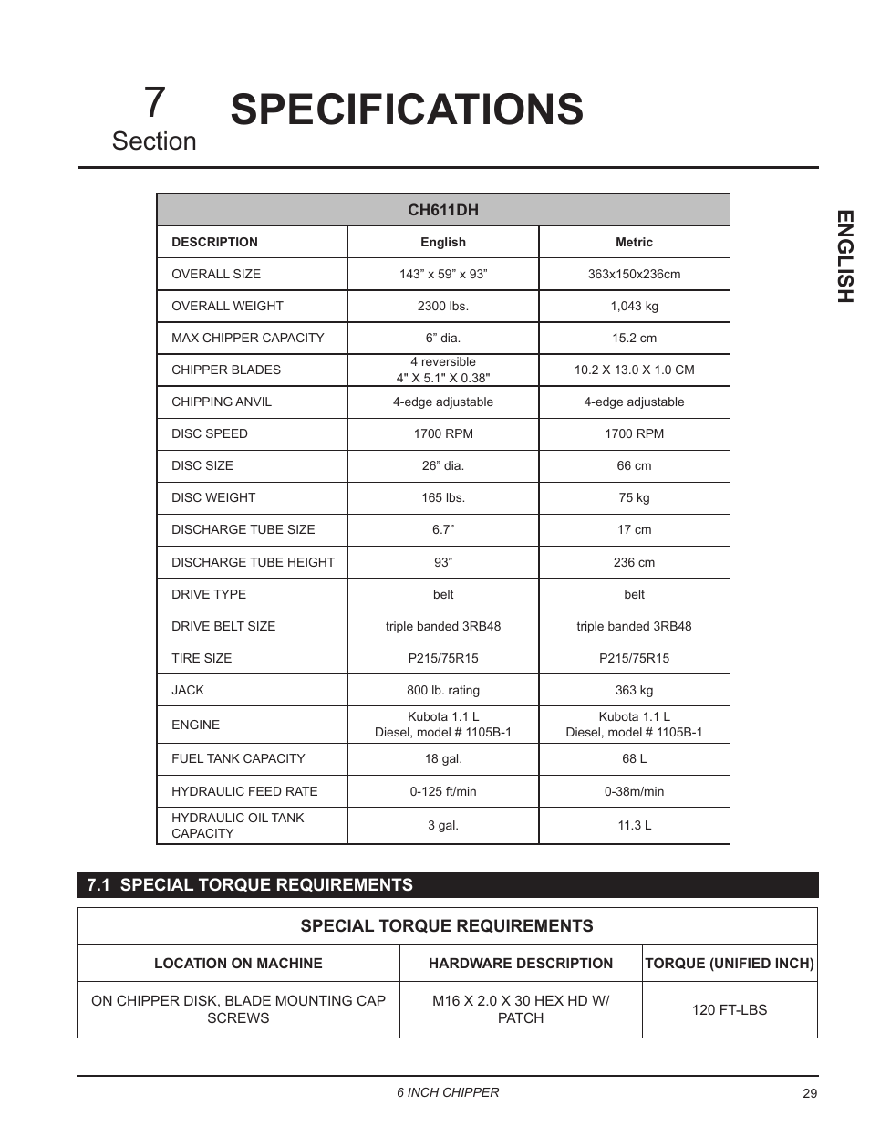 Specifications, 1 special torque requirements, Specifications 7 | English | Echo CH611DH Owners Manual v.6 User Manual | Page 33 / 37