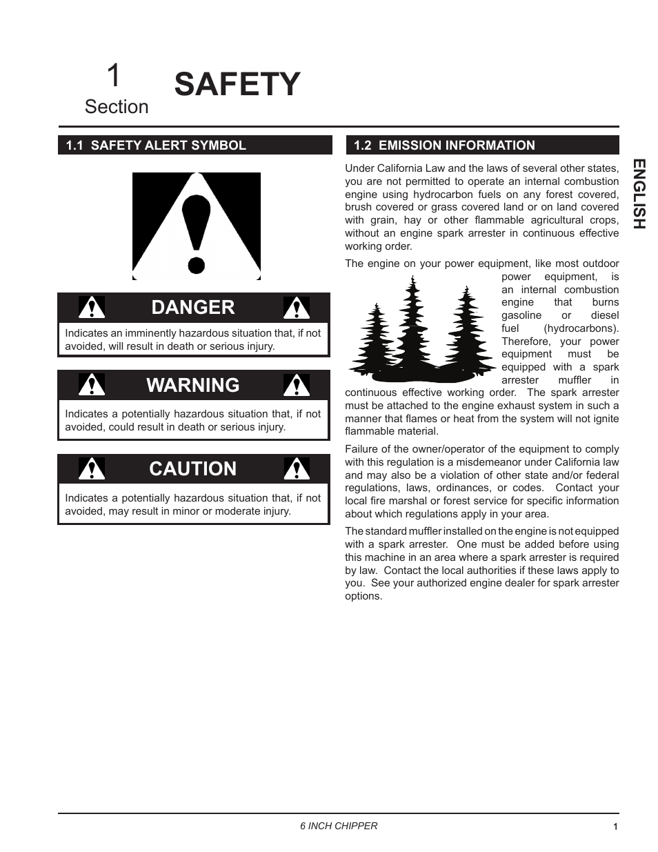 Safety, 1 safety alert symbol, 2 emission information | 1 safety alert symbol 1.2 emission information, Danger, Warning, Caution, English | Echo CH611DH Owners Manual v.6 User Manual | Page 5 / 37