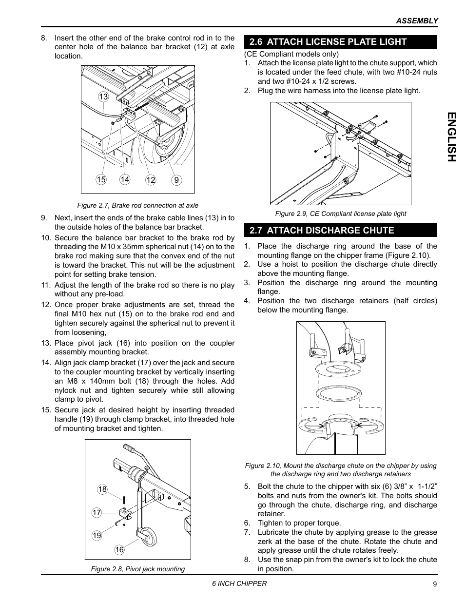 6 attach license plate light, 7 attach discharge chute, 8 fill the tank | English | Echo CH611DH Owners Manual v.5 User Manual | Page 13 / 33