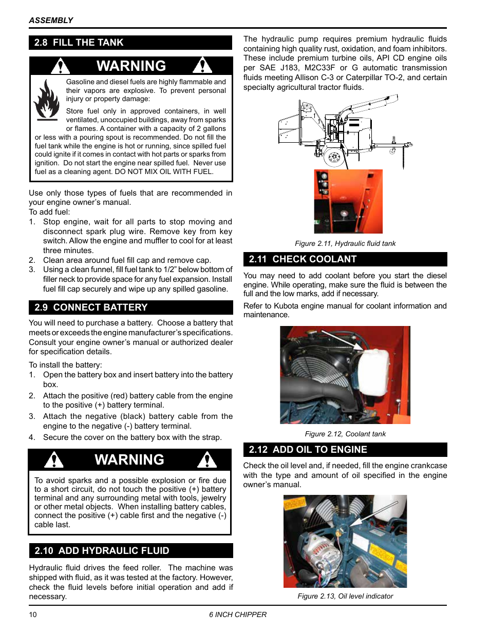 9 connect battery, 10 add hydraulic fluid, 11 check coolant | 12 add oil to engine, Warning | Echo CH611DH Owners Manual v.5 User Manual | Page 14 / 33