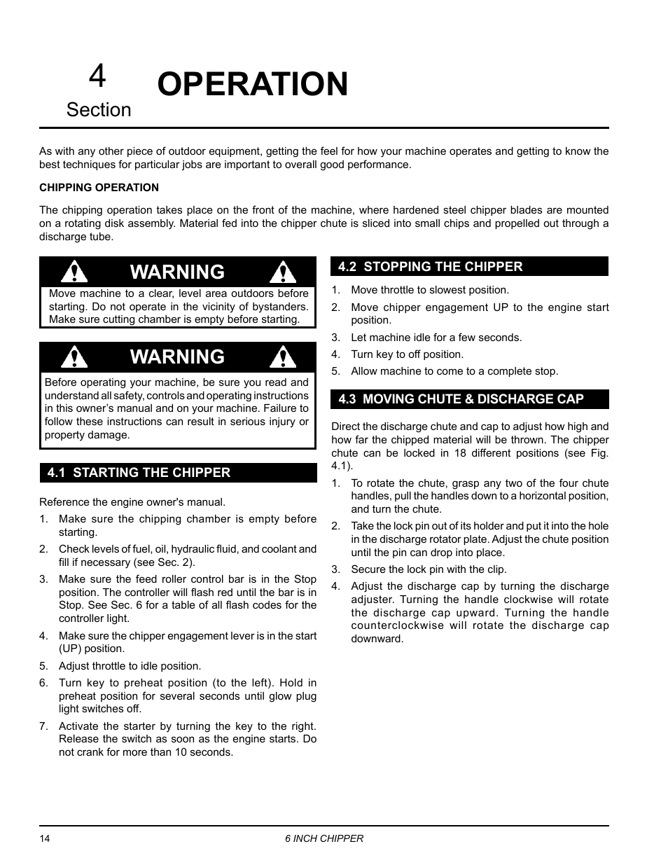 Operation, 1 starting the chipper, 2 stopping the chipper | 3 moving chute & discharge cap, Operation 4, Warning | Echo CH611DH Owners Manual v.5 User Manual | Page 18 / 33