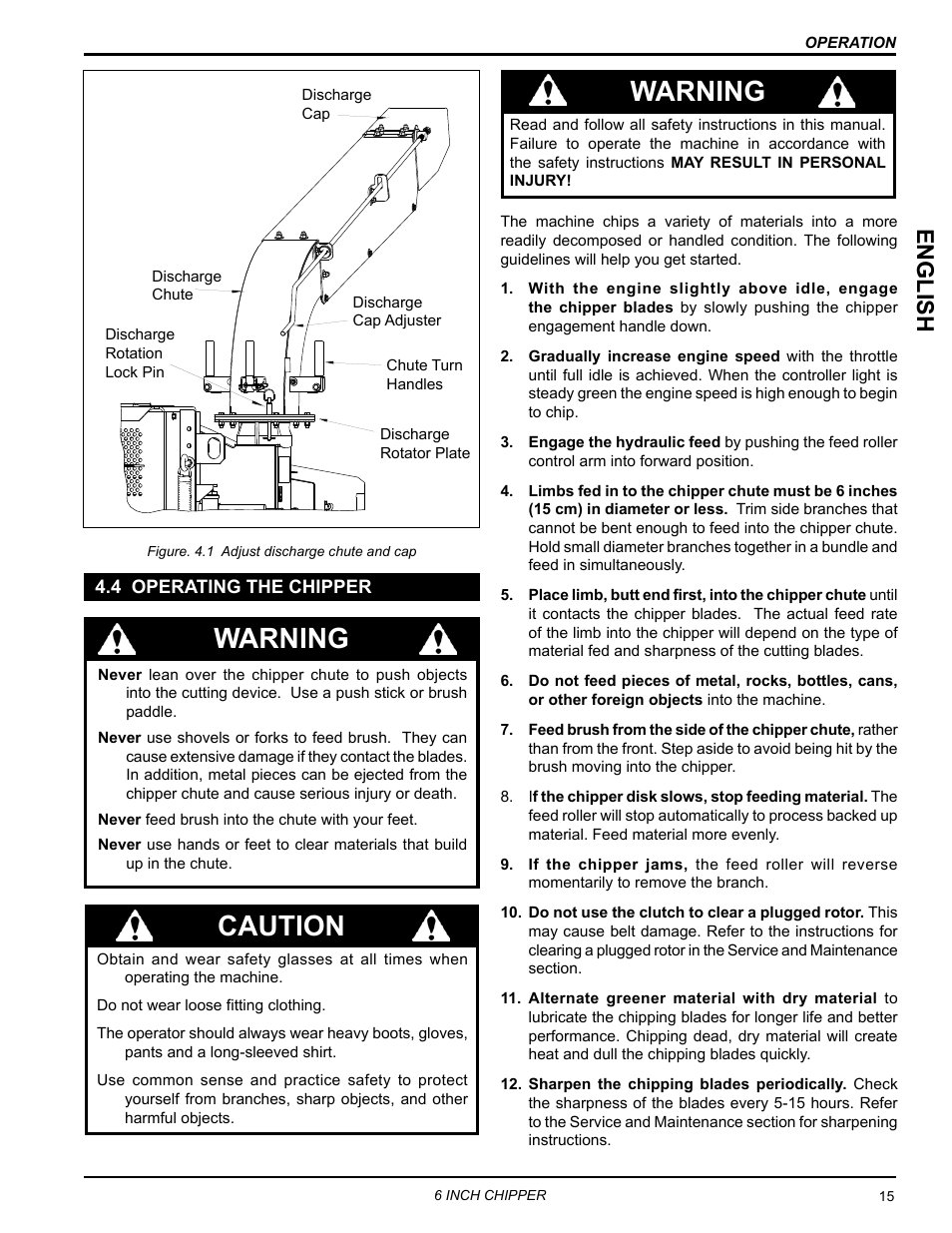 4 operating the chipper, Warning, Caution | English | Echo CH611DH Owners Manual v.5 User Manual | Page 19 / 33