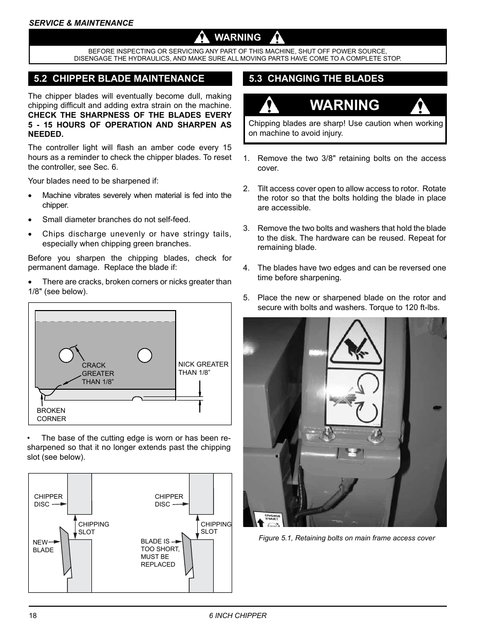 2 chipper blade maintenance, 3 changing the blades, Warning | Warning 5.2 chipper blade maintenance | Echo CH611DH Owners Manual v.5 User Manual | Page 22 / 33