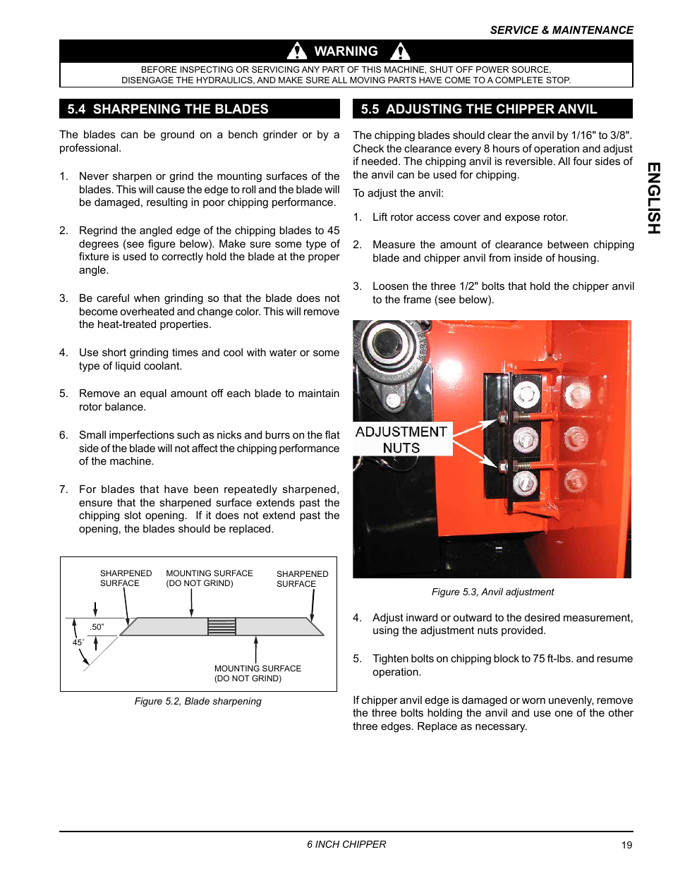 4 sharpening the blades, 5 adjusting the chipper anvil, English | Echo CH611DH Owners Manual v.5 User Manual | Page 23 / 33