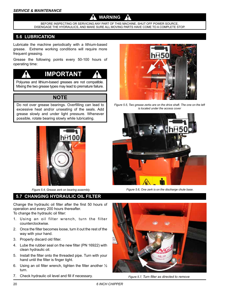 6 lubrication, 7 changing hydraulic oil filter, 6 lubrication 5.7 changing hydraulic oil filter | Important | Echo CH611DH Owners Manual v.5 User Manual | Page 24 / 33