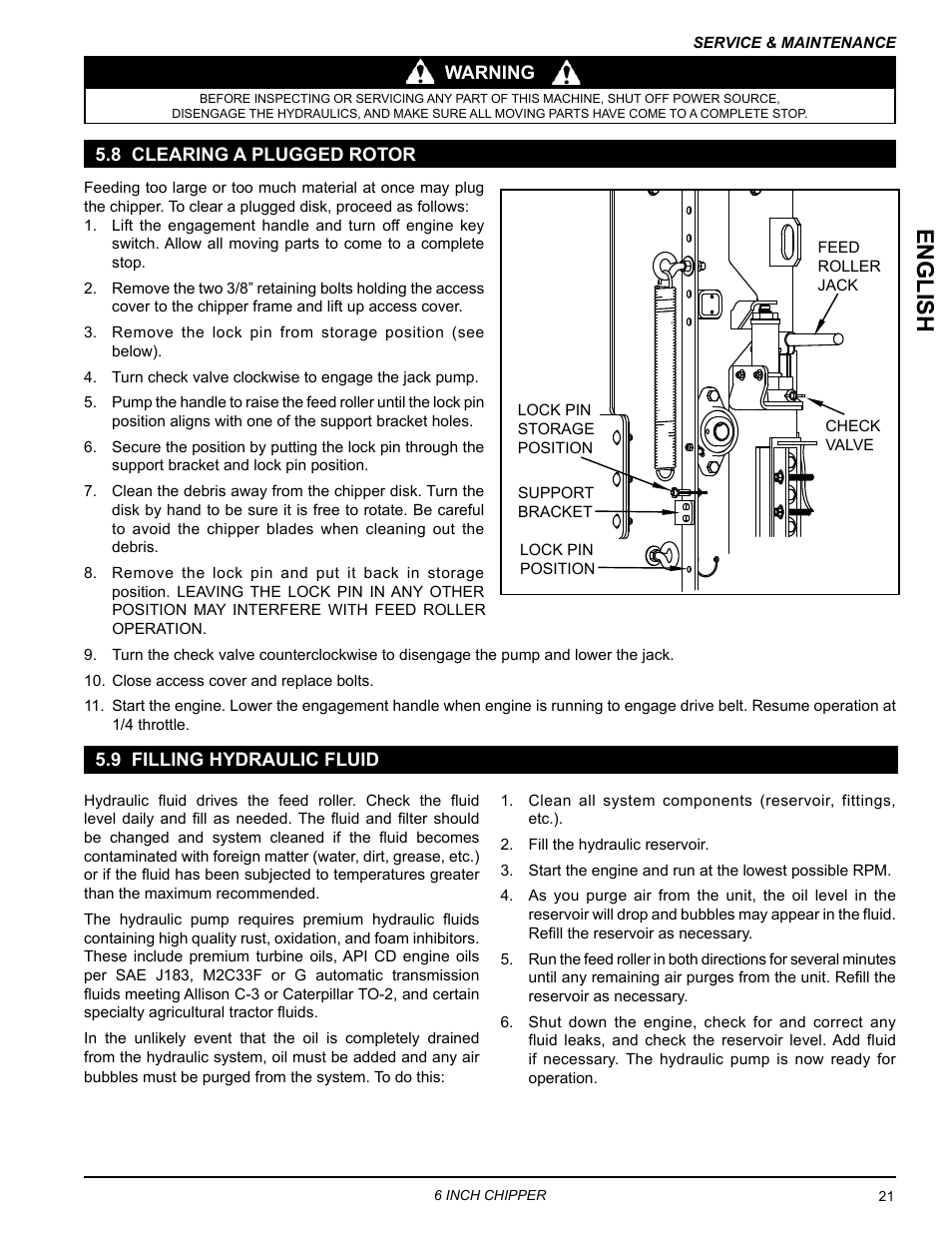 8 clearing a plugged rotor, 9 filling hydraulic fluid, English | Echo CH611DH Owners Manual v.5 User Manual | Page 25 / 33