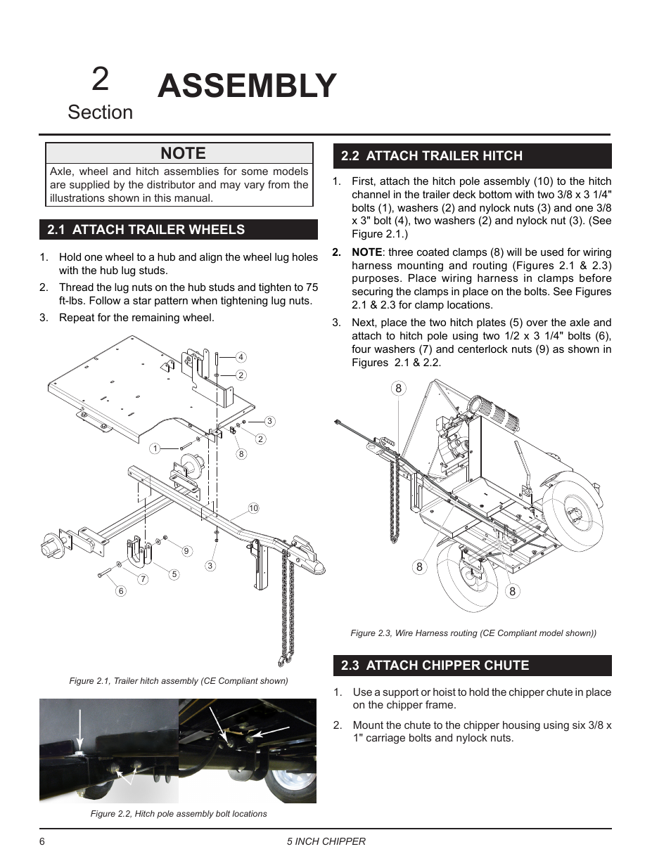 Assembly, 1 attach trailer wheels, 2 attach trailer hitch | 3 attach chipper chute, Assembly 2 | Echo CH5653 Owners Manual v.2 User Manual | Page 10 / 26