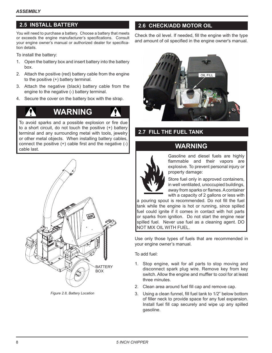 5 install battery, 6 check/add motor oil, 7 fill the fuel tank | Warning | Echo CH5653 Owners Manual v.2 User Manual | Page 12 / 26