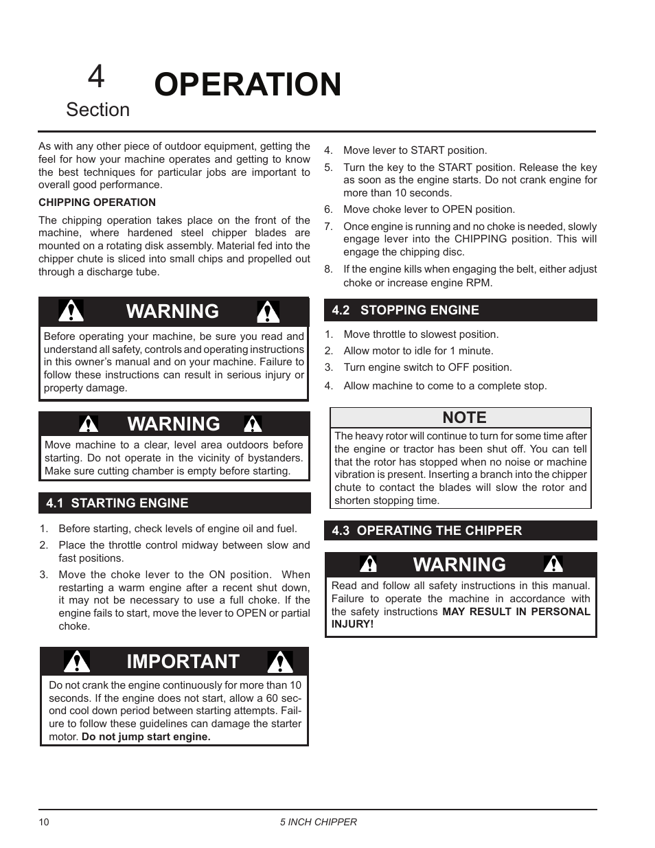 Operation, 1 starting engine, 2 stopping engine | 3 operating the chipper, Operation 4, Warning, Important | Echo CH5653 Owners Manual v.2 User Manual | Page 14 / 26