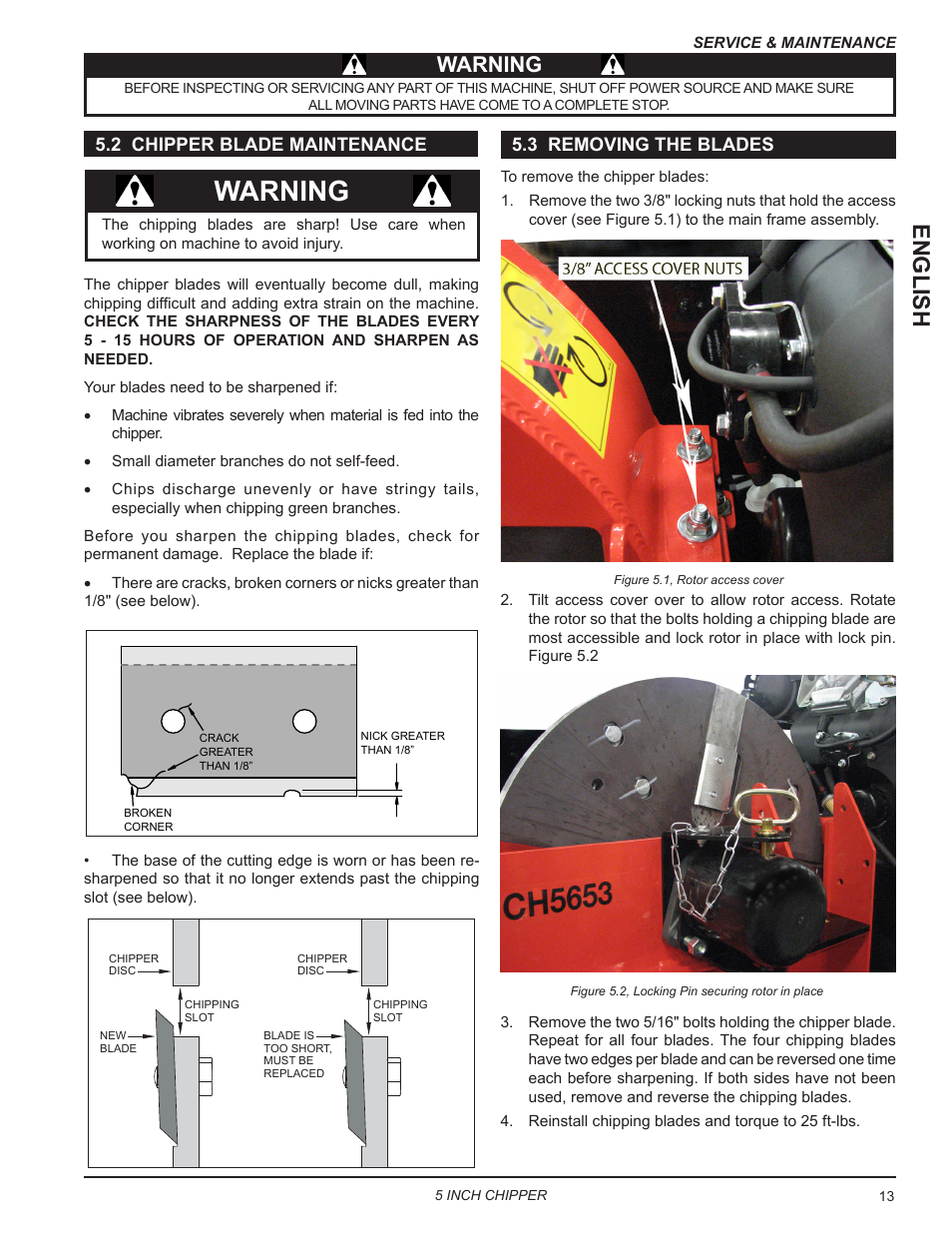 2 chipper blade maintenance, 3 removing the blades, English | Warning | Echo CH5653 Owners Manual v.2 User Manual | Page 17 / 26