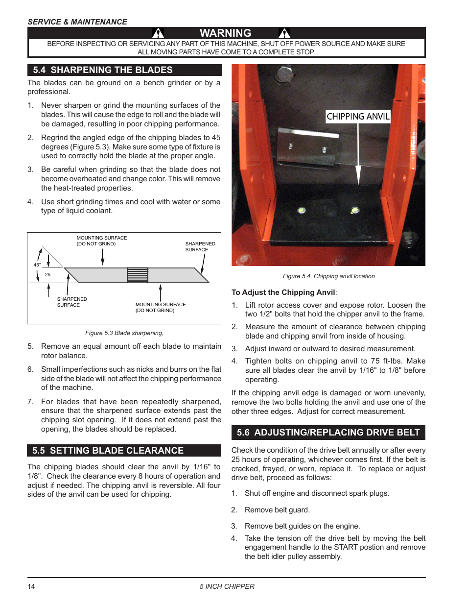 4 sharpening the blades, 5 setting blade clearance, 6 adjusting/replacing drive belt | Warning | Echo CH5653 Owners Manual v.2 User Manual | Page 18 / 26