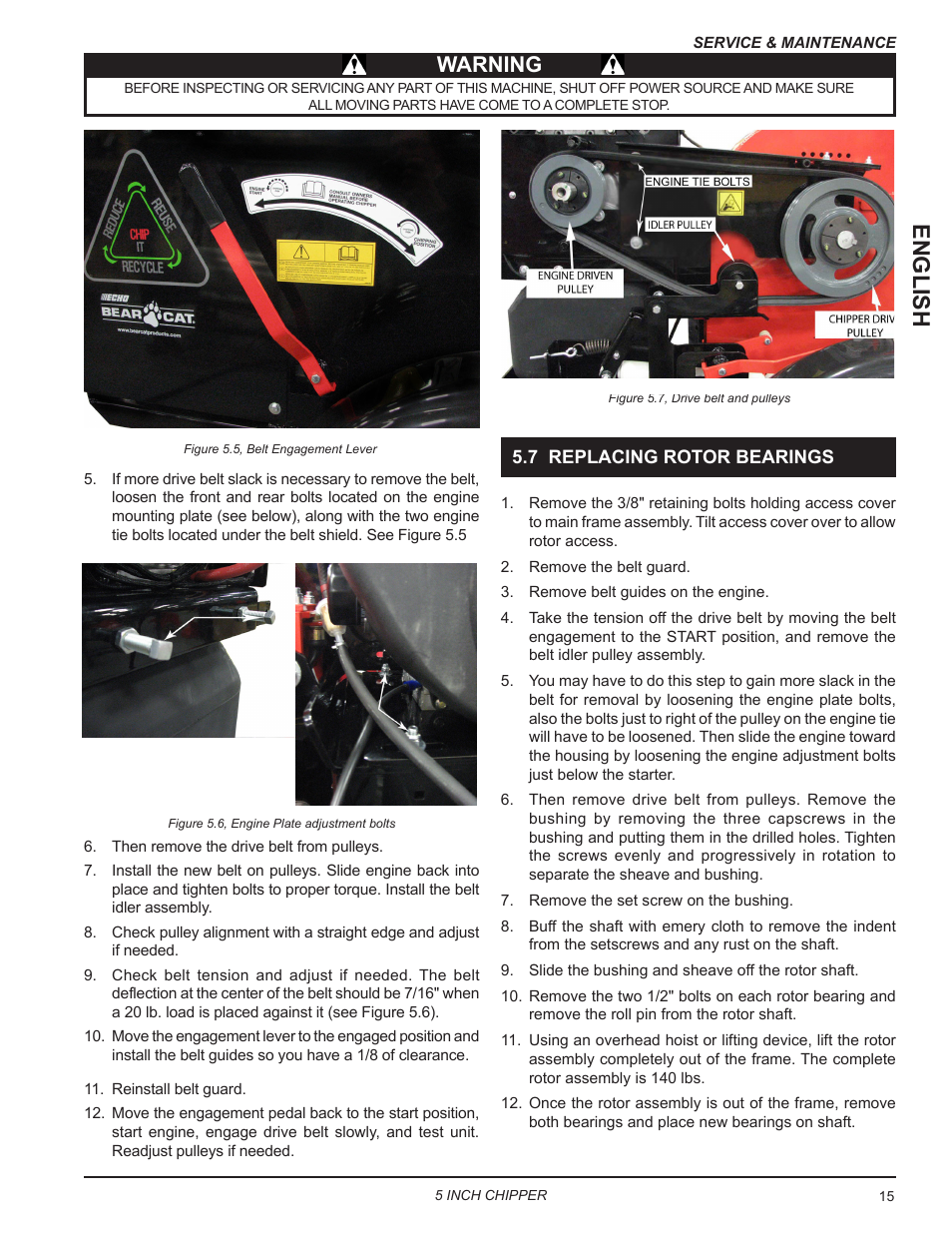 7 replacing rotor bearings, English, Warning | Echo CH5653 Owners Manual v.2 User Manual | Page 19 / 26