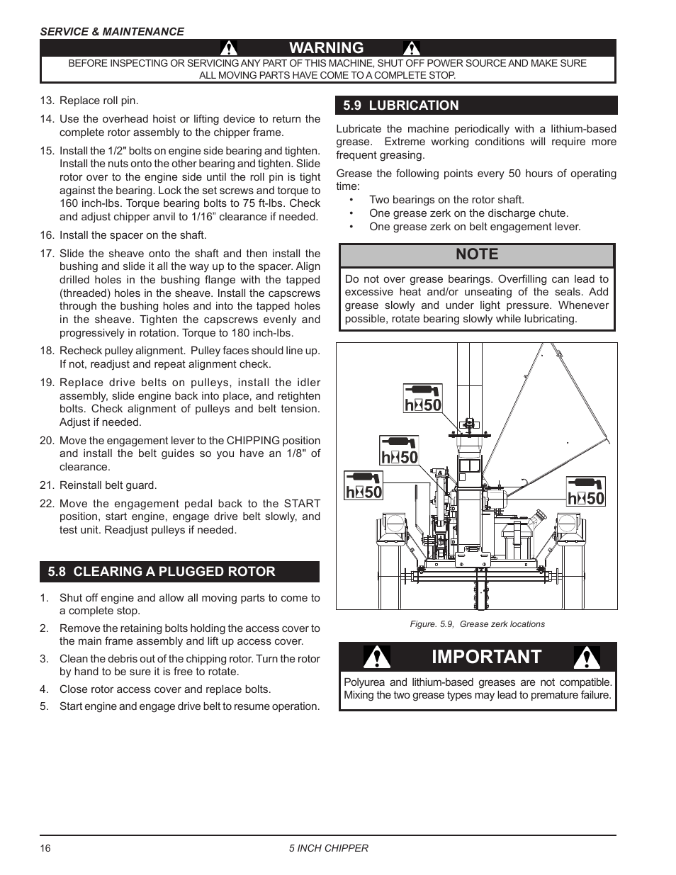 8 clearing a plugged rotor, 9 lubrication, 8 clearing a plugged rotor 5.9 lubrication | Important, Warning | Echo CH5653 Owners Manual v.2 User Manual | Page 20 / 26