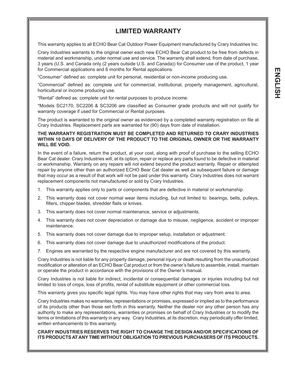 English, Limited warranty | Echo CH5653 Owners Manual v.2 User Manual | Page 3 / 26