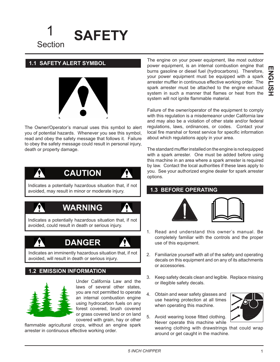 Safety, 1 safety alert symbol, 2 emission information | 3 before operating, Safety 1, Caution, Danger, Warning, English | Echo CH5653 Owners Manual v.2 User Manual | Page 5 / 26