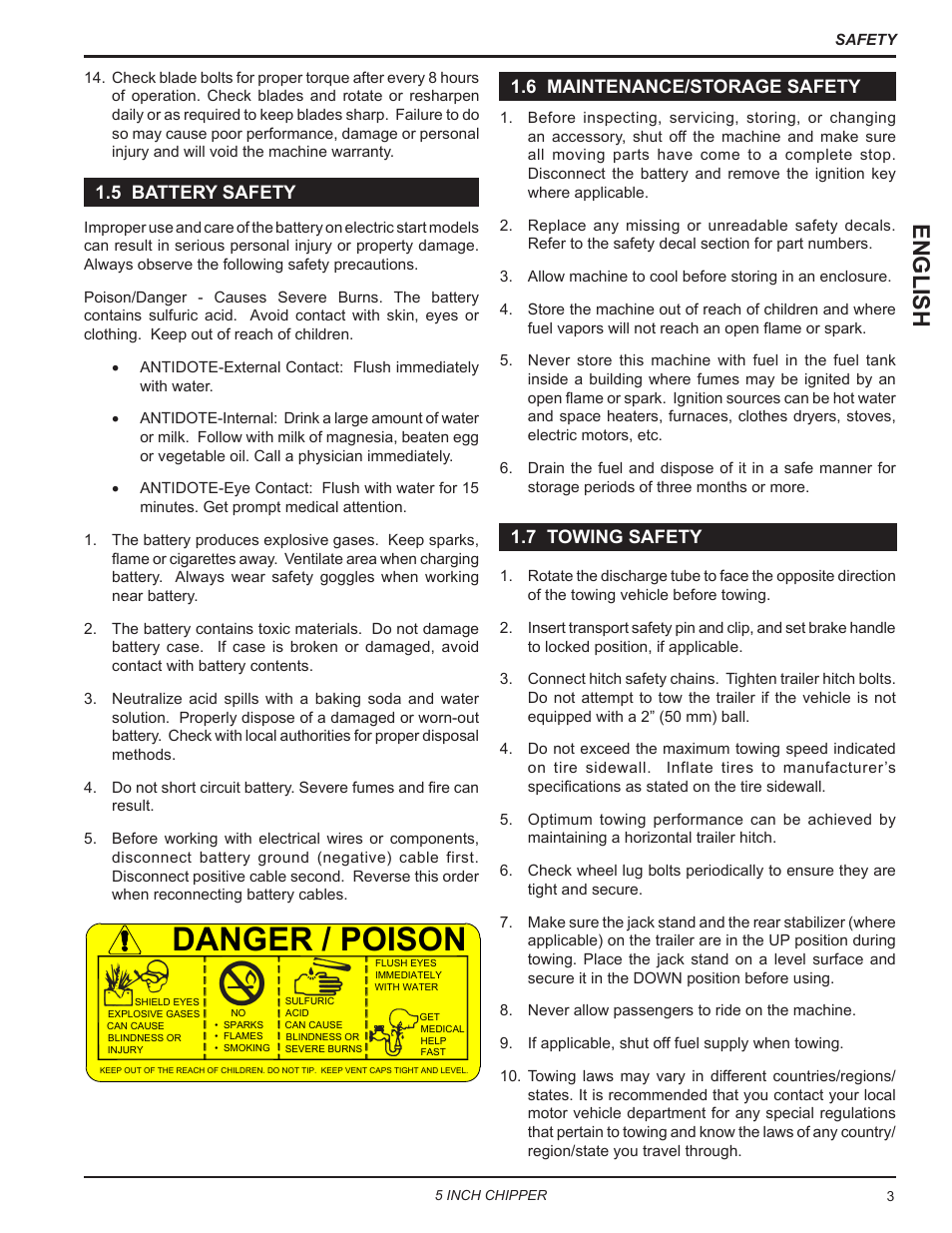 5 battery safety, 6 maintenance/storage safety, 7 towing safety | Danger / poison, English | Echo CH5653 Owners Manual v.2 User Manual | Page 7 / 26