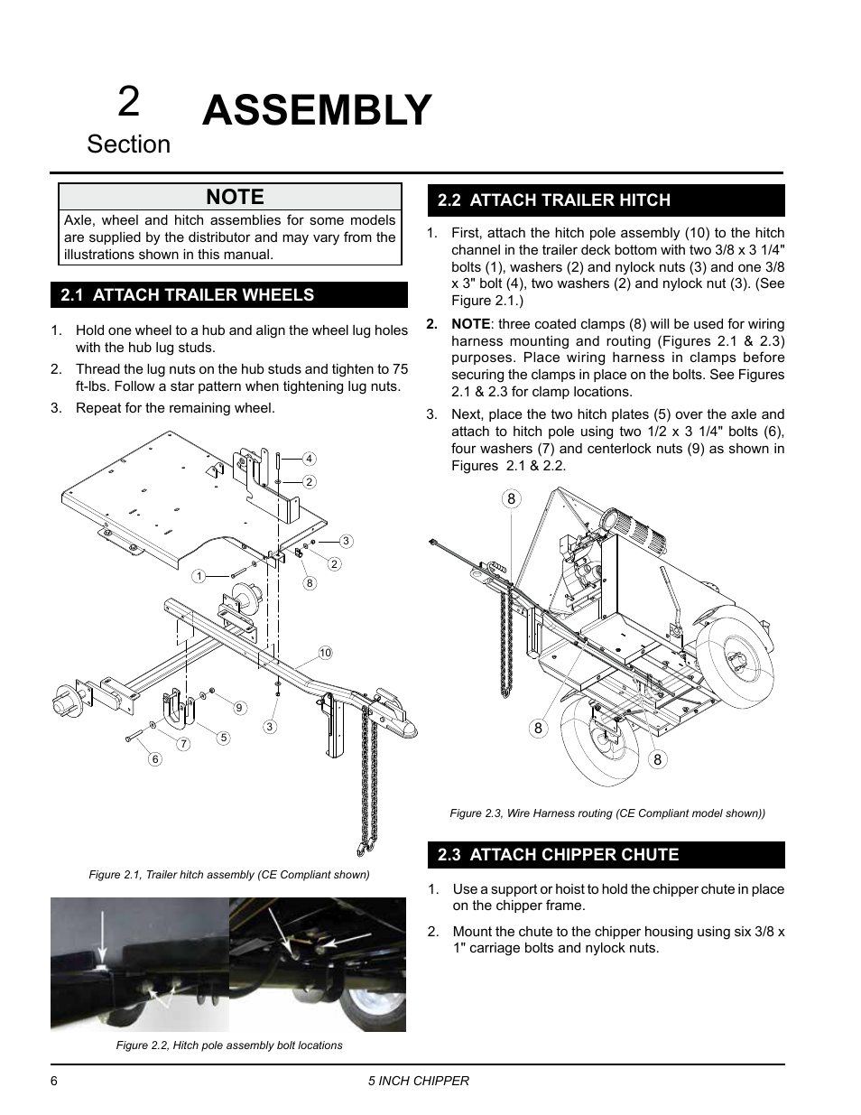 Assembly, 1 attach trailer wheels, 2 attach trailer hitch | 3 attach chipper chute, Assembly 2 | Echo CH5653 Owners Manual v.1 User Manual | Page 10 / 24
