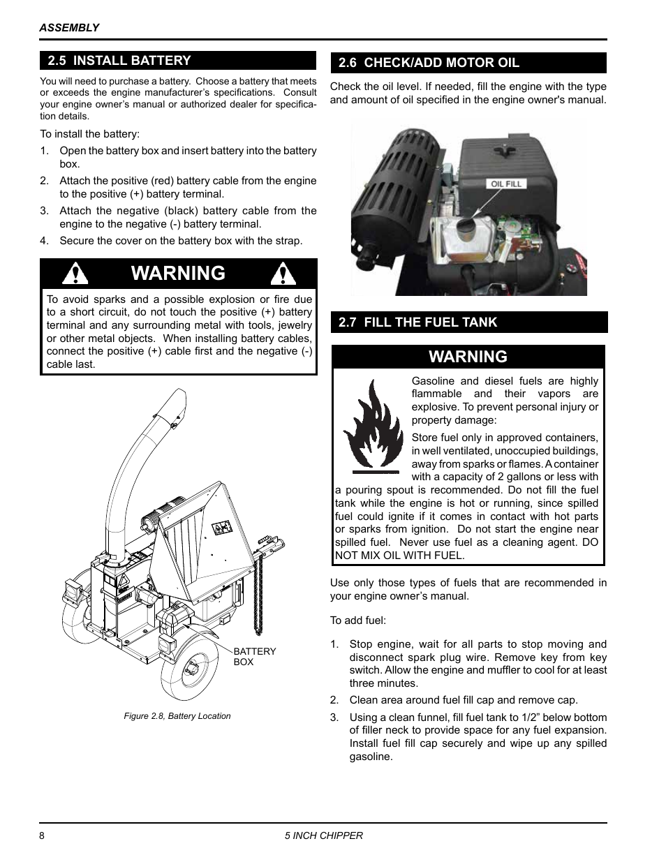 5 install battery, 6 check/add motor oil, 7 fill the fuel tank | Warning | Echo CH5653 Owners Manual v.1 User Manual | Page 12 / 24